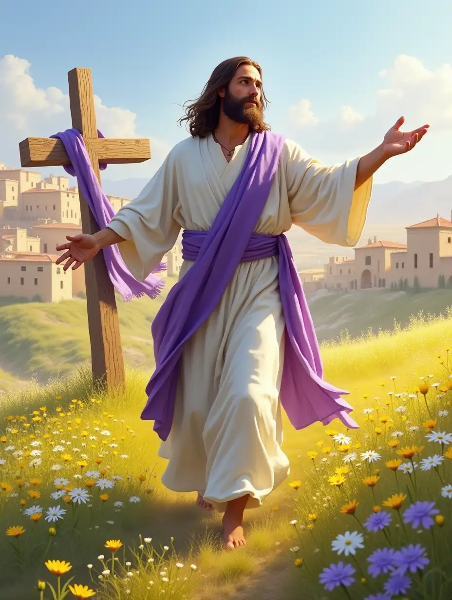 Jesus Christ the Good Shepherd wearing white flowing robes with a purple sash. His arms are outstretched. In the background is a beautiful field with tiny wildflowers yellow, white and purple. In the background are typical Jerusalem buildings. Also in the background is a wooden cross with a purple sash draped across the arms of the cross.