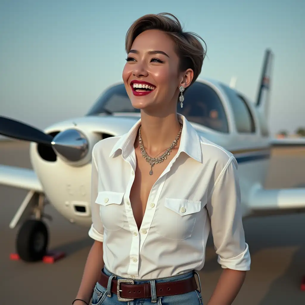 white lady, in white deep-necked pilot button shirt, laughing with her mouth open, red lipstick accentuating her smile,belt on waist, big wide hips, chest are fully grown, jewerly, short hair, HD, aerodrome, photo-realism