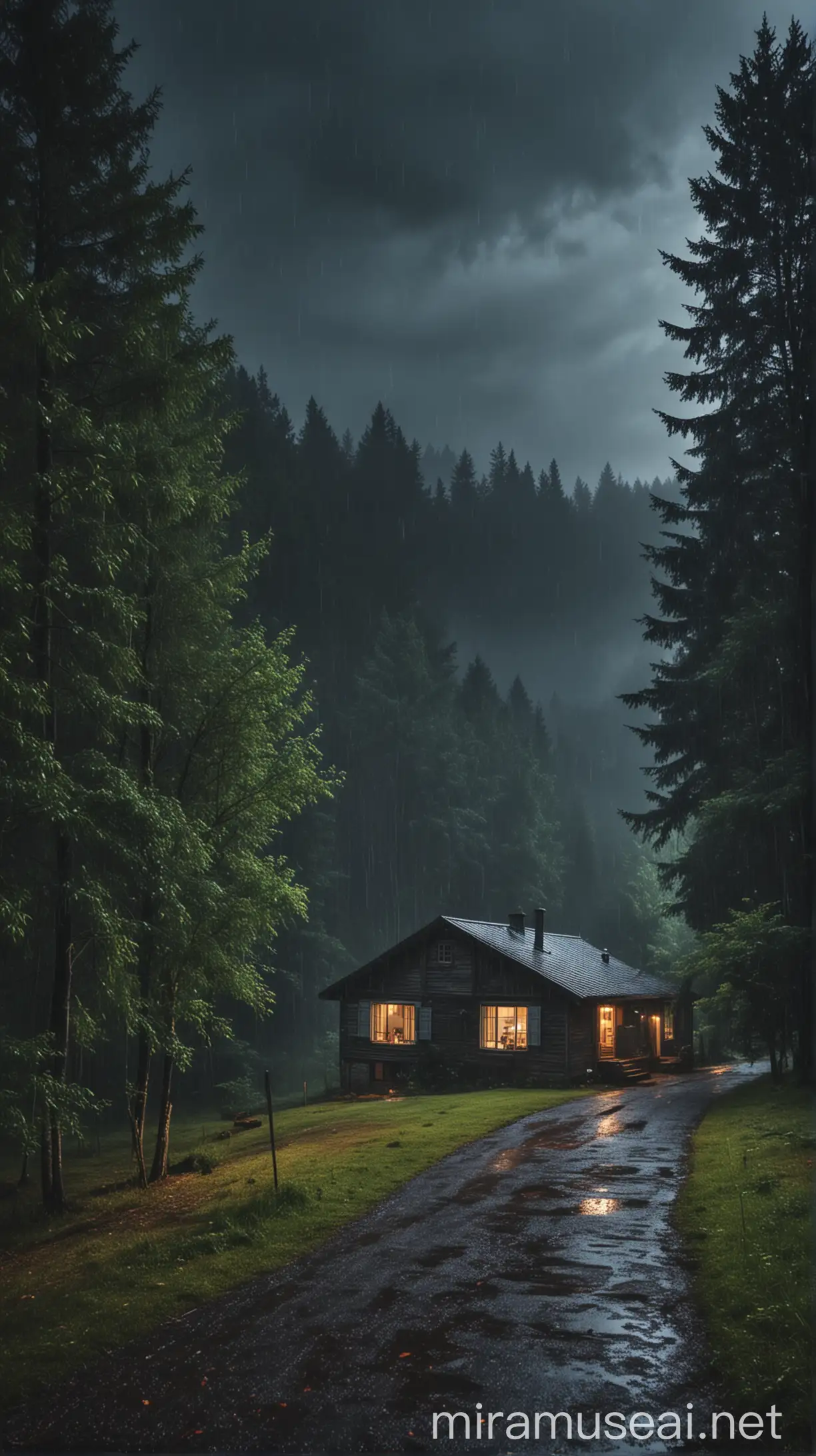 Solitary House in Rainy Forest under Cloudy Night Sky