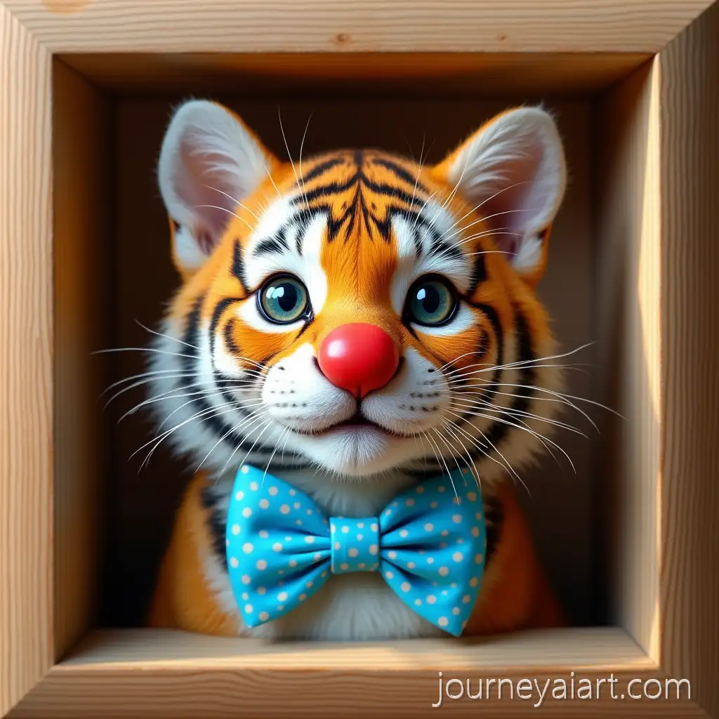 Adorable-Tiger-Cat-Wearing-Red-Clown-Nose-and-Sky-Blue-Polka-Dot-Bow-Tie-in-Wooden-Frame