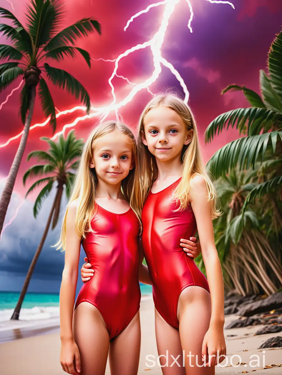 Two cute skinny 11-year-old girls long blond hair wearing red leotards on a tropical beach palm trees lightning psychedelic background