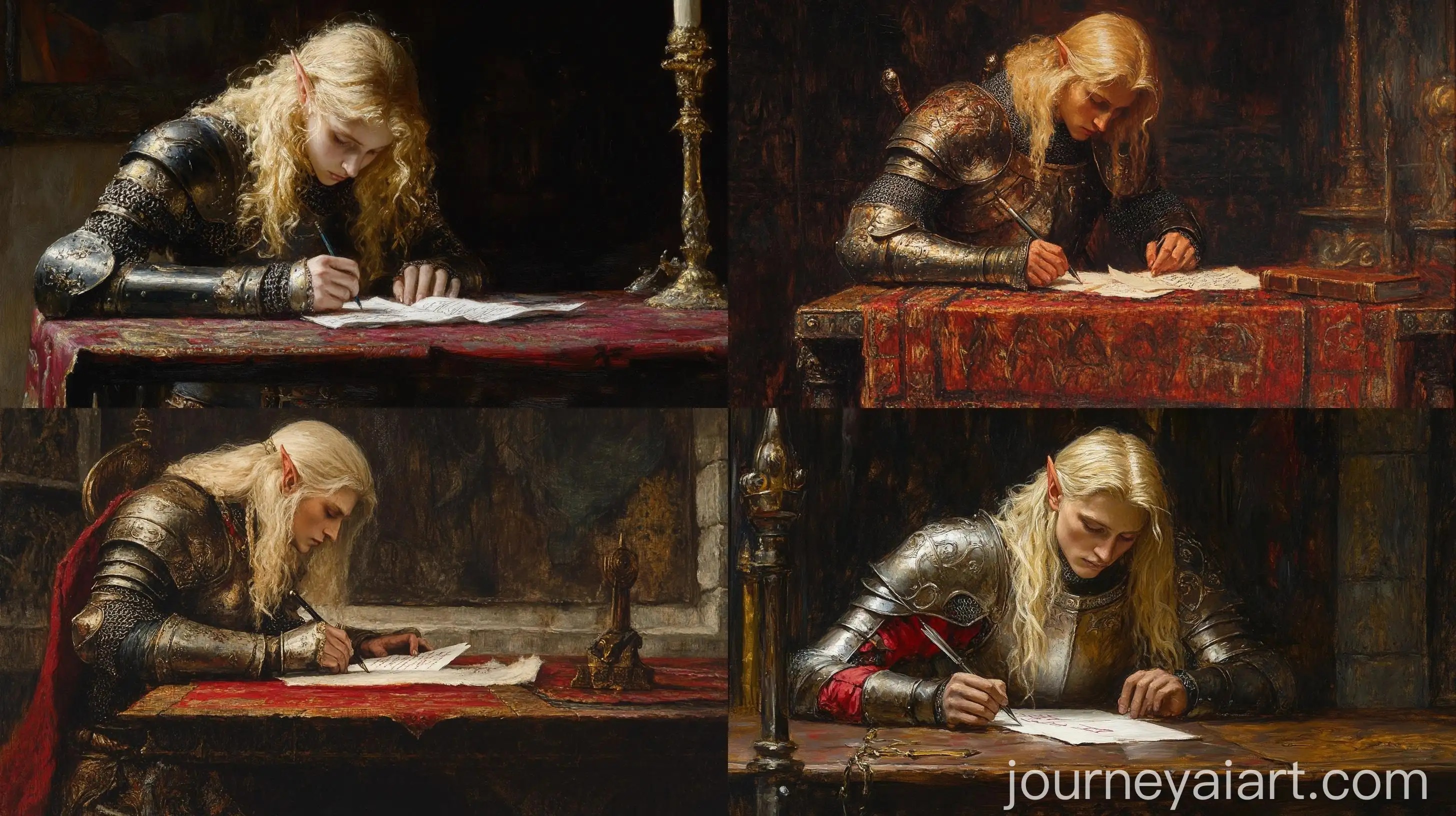 Blond-Elf-Writing-Letter-in-Medieval-Armor