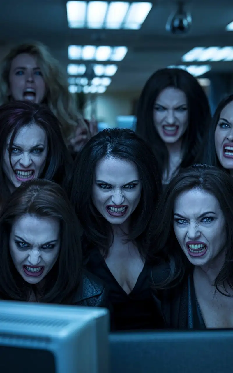 Angry-Female-Cannibal-Horde-in-an-Office-Setting-with-Sharp-Fangs