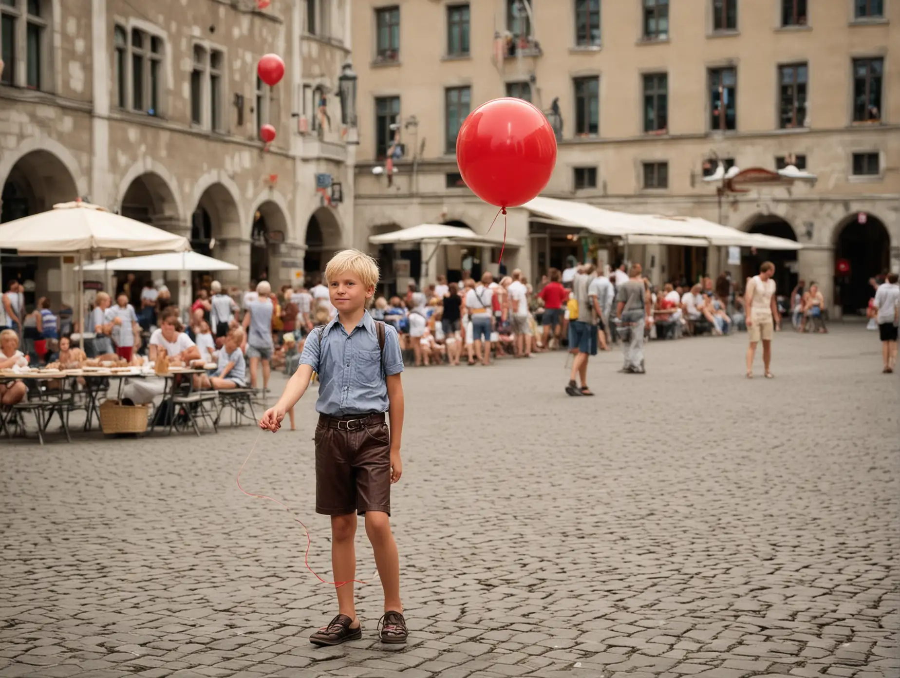 Boy-in-Traditional-Bavarian-Outfit-Holding-Red-Balloon-at-Marktplatz-Mnchen-on-a-Summer-Afternoon