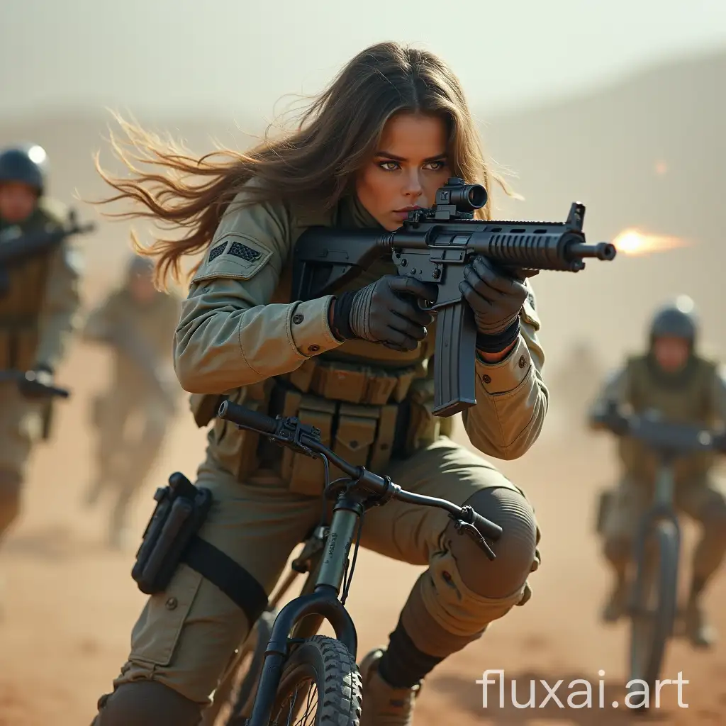 female soldier on sporbike, with assault rifle, shooting at enemies behind