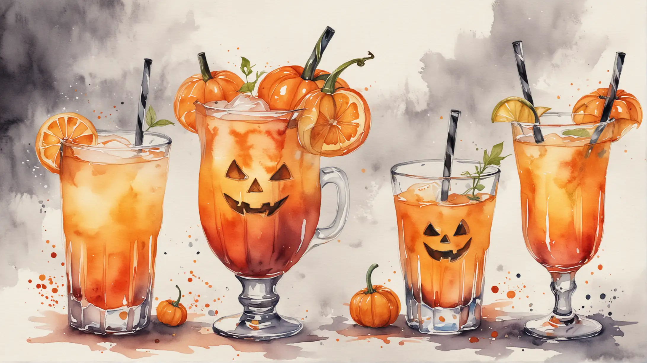 Watercolor Halloween Cocktails with Jack OLantern Decoration