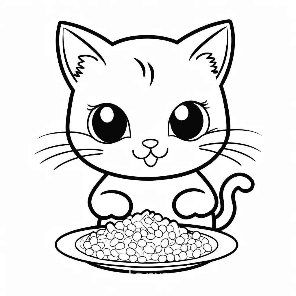 friendly cartoon character, cat, eating, Coloring Page, black and white, line art, white background, Simplicity, Ample White Space. The background of the coloring page is plain white to make it easy for young children to color within the lines. The outlines of all the subjects are easy to distinguish, making it simple for kids to color without too much difficulty