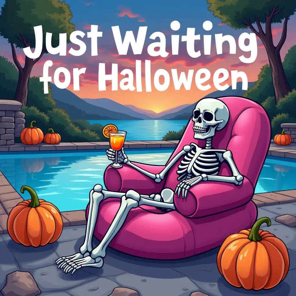 Vector. The text 'Just Waiting for Halloween' in the background.  A skeleton lounging in a pink inflatable chair, surrounded by pumpkins and a cocktail. Background on a blue water swimming pool with beautiful sky. cartoon-style