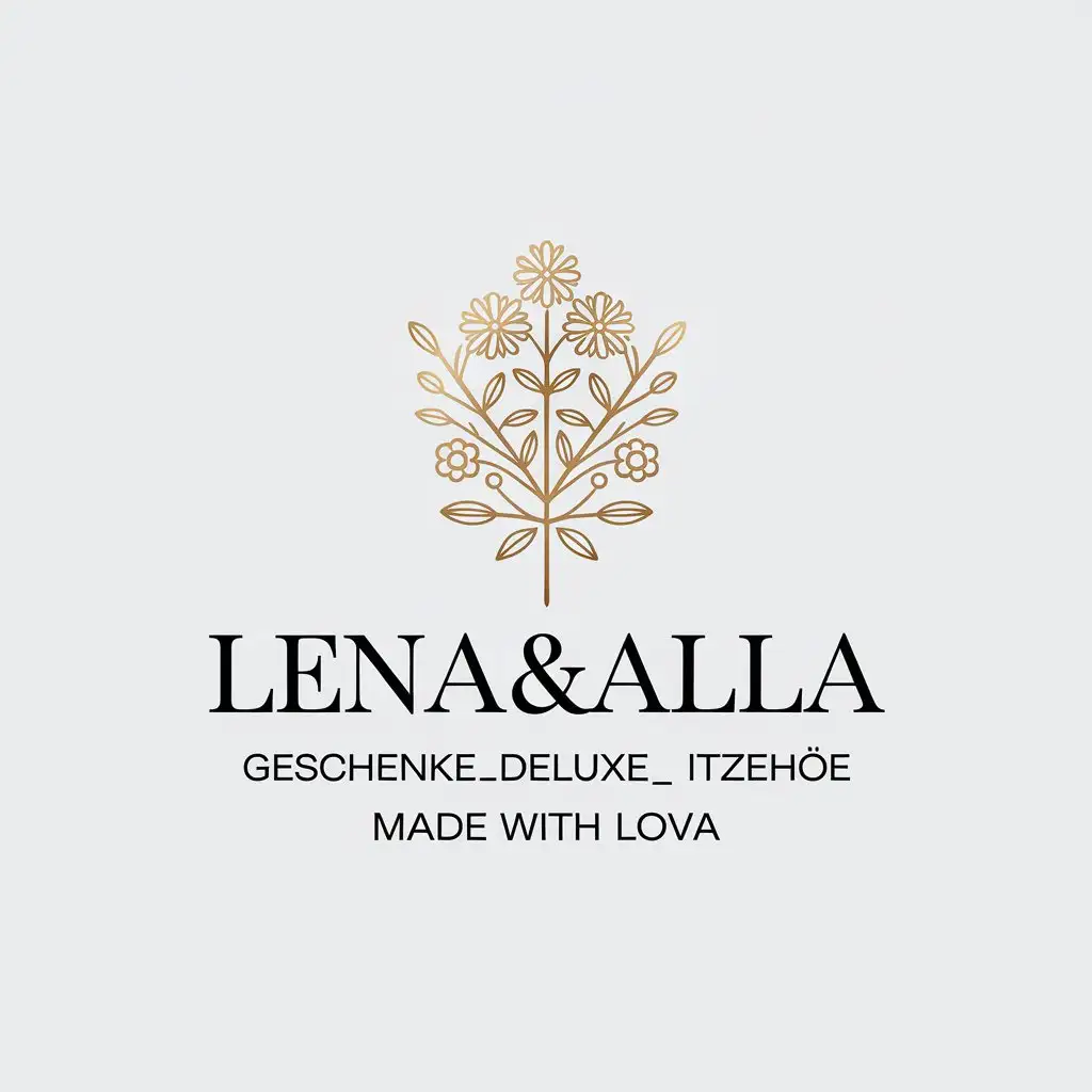 a vector logo design,with the text "Lena&Alla, geschenke_deluxe ITZEHOE, Made with Lova", main symbol:Gold, Black, bouquets,Minimalistic,be used in Retail industry,clear background