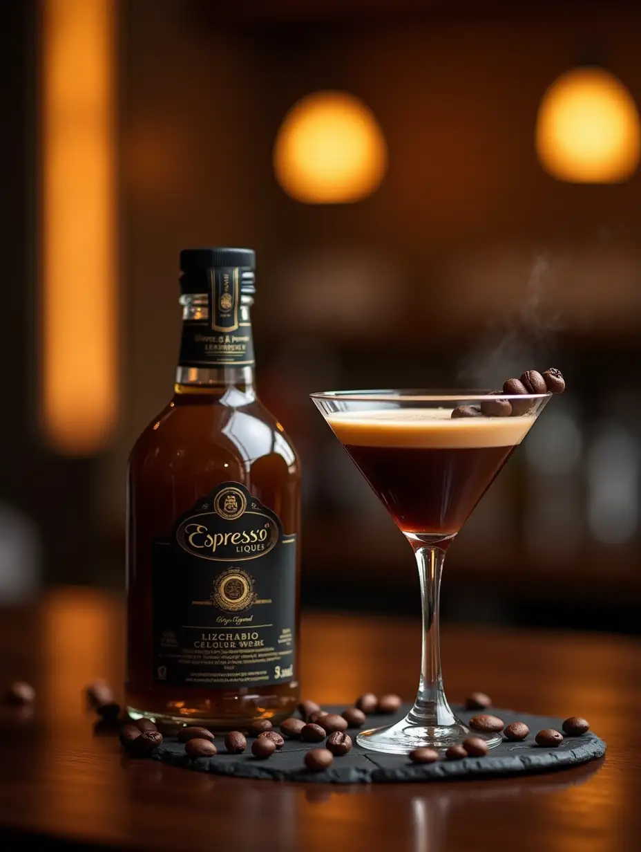 A close-up of an elegant Espresso Coffee liqueur bottle, showing its coffee color and elegant design. The bottle is in the foreground, next to it is a refreshing cocktail in a glass, next to the liqueur bottle is a perfectly prepared Espresso Martini, its glass epitomizing sophistication, garnished with coffee beans. The background depicts a softly blurred bar setting, accentuating the colors of the drinks, while the warm lighting creates a disposing atmosphere.