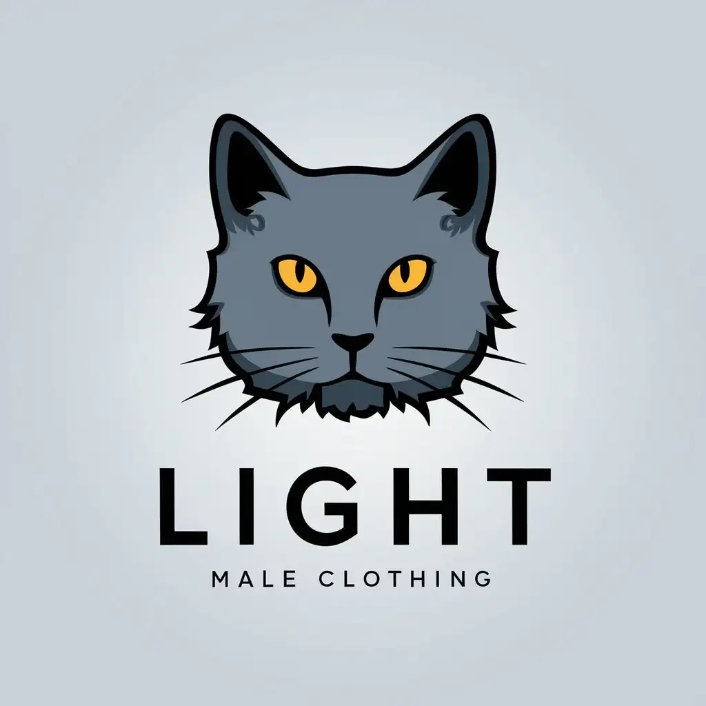 a vector logo design,with the text "LIGHT", main symbol:grey blue cat,Minimalistic,be used in male clothing industry,clear background