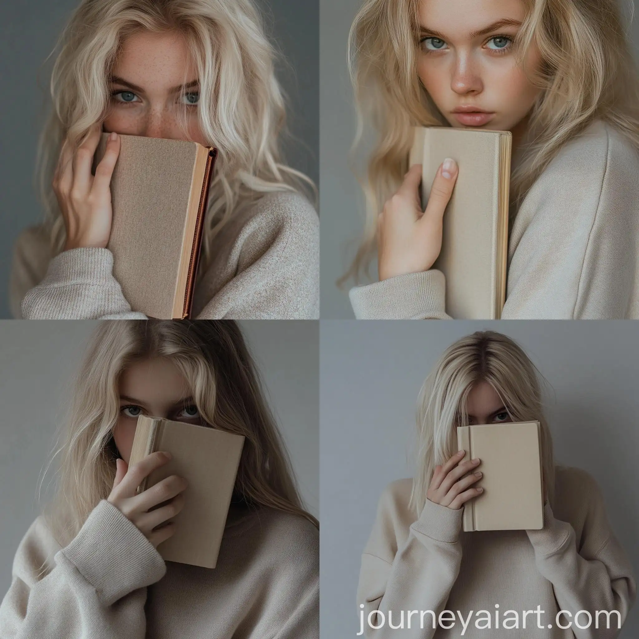 Closeup-Portrait-of-a-Clair-Blonde-Girl-in-Beige-Sweatshirt-with-Book