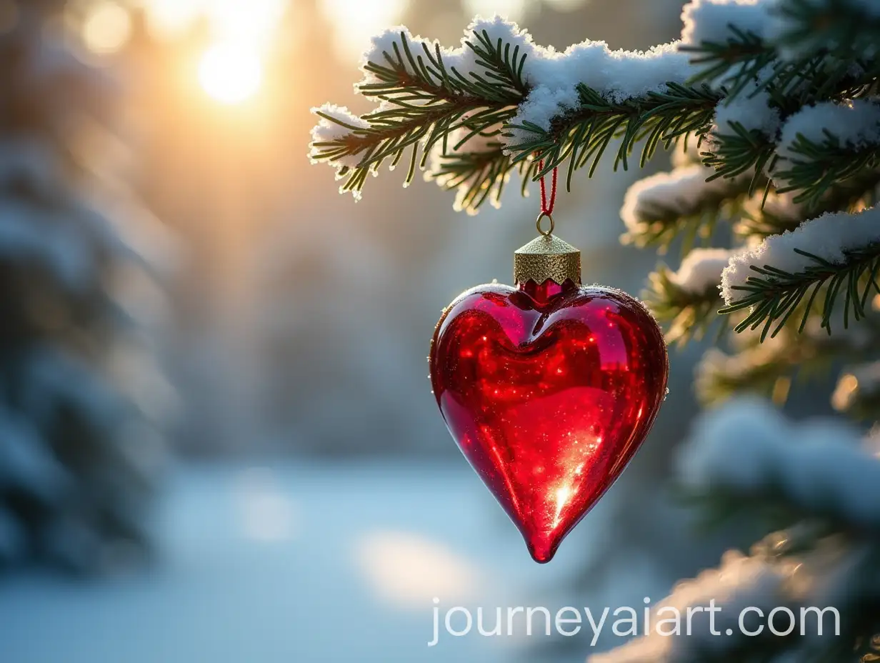 Red-Glass-Heart-Christmas-Decoration-on-Snowy-Fir-Branch-in-Winter-Forest