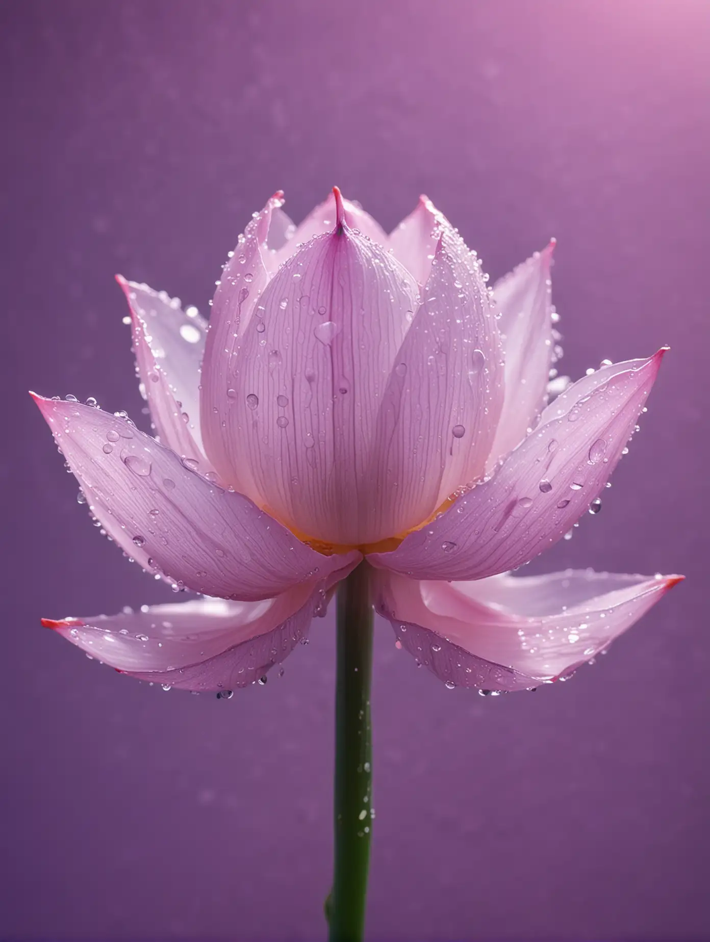 Bioluminescent, close-up shot, super micro distance, top view shooting, transparent lotus flower bud's petals, fine droplets, clear delicate texture, soft, waxy tender, glassy transparent feeling, 90% translucency of petals, floating light dots, light tracing, breathing sensation, flowing silk, meticulous lines and plant skin, brightness, edge glow, color curve, pale pink and purple tone, vibrant neon-like shadows, masterpiece composition, minimalism, spotlights, soft focus lens,