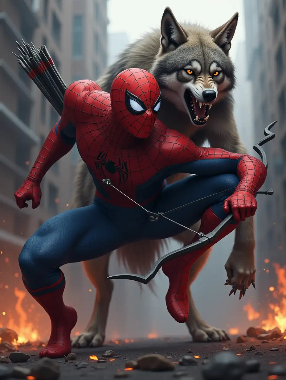 Spider man with arrow vs gaint wolf angry in destroy city