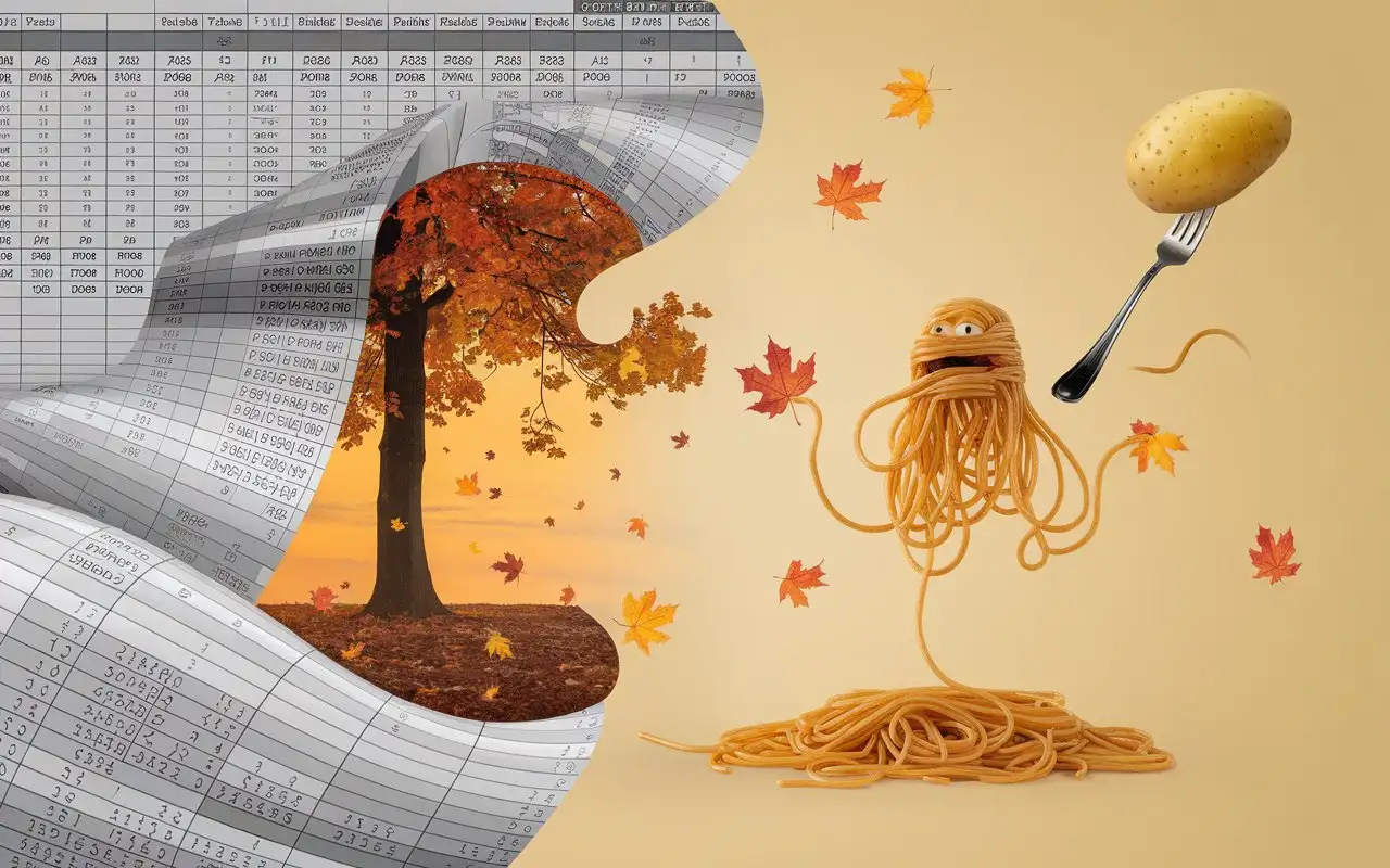 A surreal scene blending order and creativity: On one side, a detailed black-and-white spreadsheet with flowing columns of numbers and formulas, symbolizing logic and structure. In the center, an autumn landscape with falling leaves, representing deep philosophical thoughts about the fleeting nature of life. On the other side, a whimsical figure of the Flying Spaghetti Monster, playfully holding a fork with a floating potato. The colors shift from grayscale to warm autumn hues, with a bright and humorous touch from the potato and pasta. A peaceful yet thought-provoking composition, merging precision and abstraction.