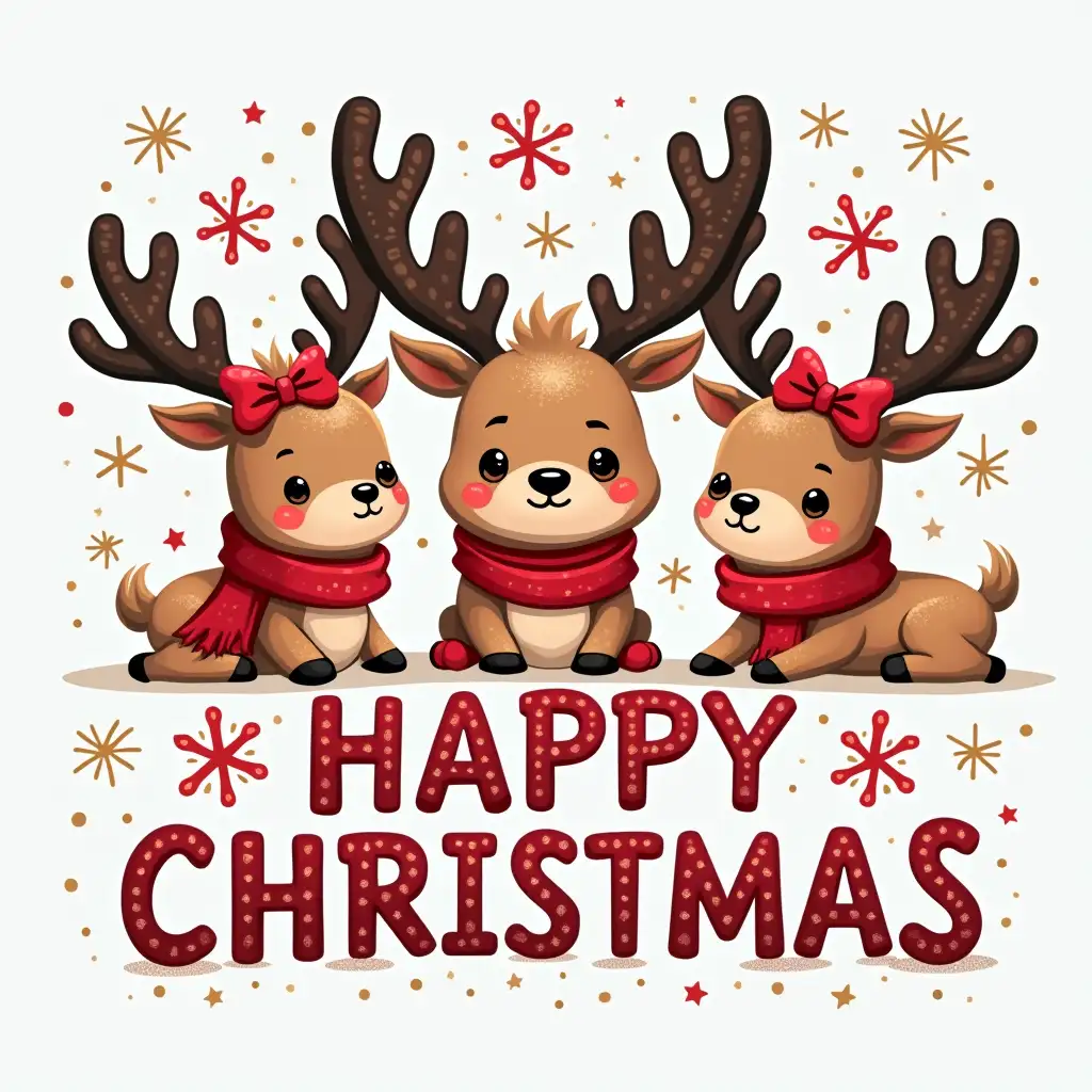 Vector, neon. Create a whimsical Christmas-themed graphic featuring three adorable reindeer wearing red bows and scarves. The reindeer should have sparkling eyes and be surrounded by snowflakes and glitter. The text 'HAPPY CHRISTMAS' should be prominently displayed in bold, festive letters, with a playful, handwritten style. The overall style should be lighthearted and fun, with a focus on the cuteness of the reindeer and the festive atmosphere of Christmas.