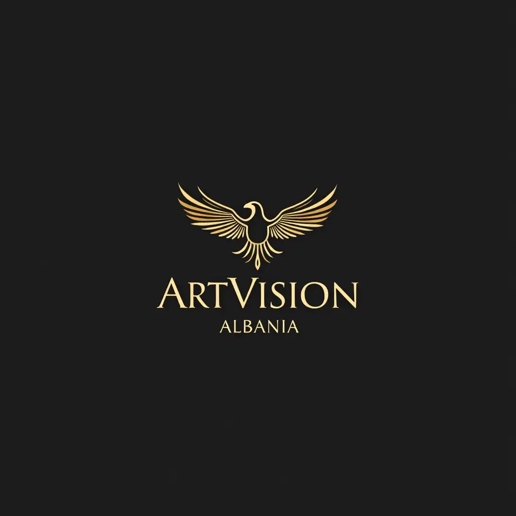 A modern and elegant logo featuring a stylized eagle that symbolizes Albania, with a clean and minimalistic design. The eagle should have sharp lines to give it a dynamic and contemporary feel, without any extra details. The name 'ArtVision' is written in a sophisticated, clean font in gold color, exuding luxury and professionalism. The logo should be simple yet striking, suitable for profile use, and reflect creativity and elegance.