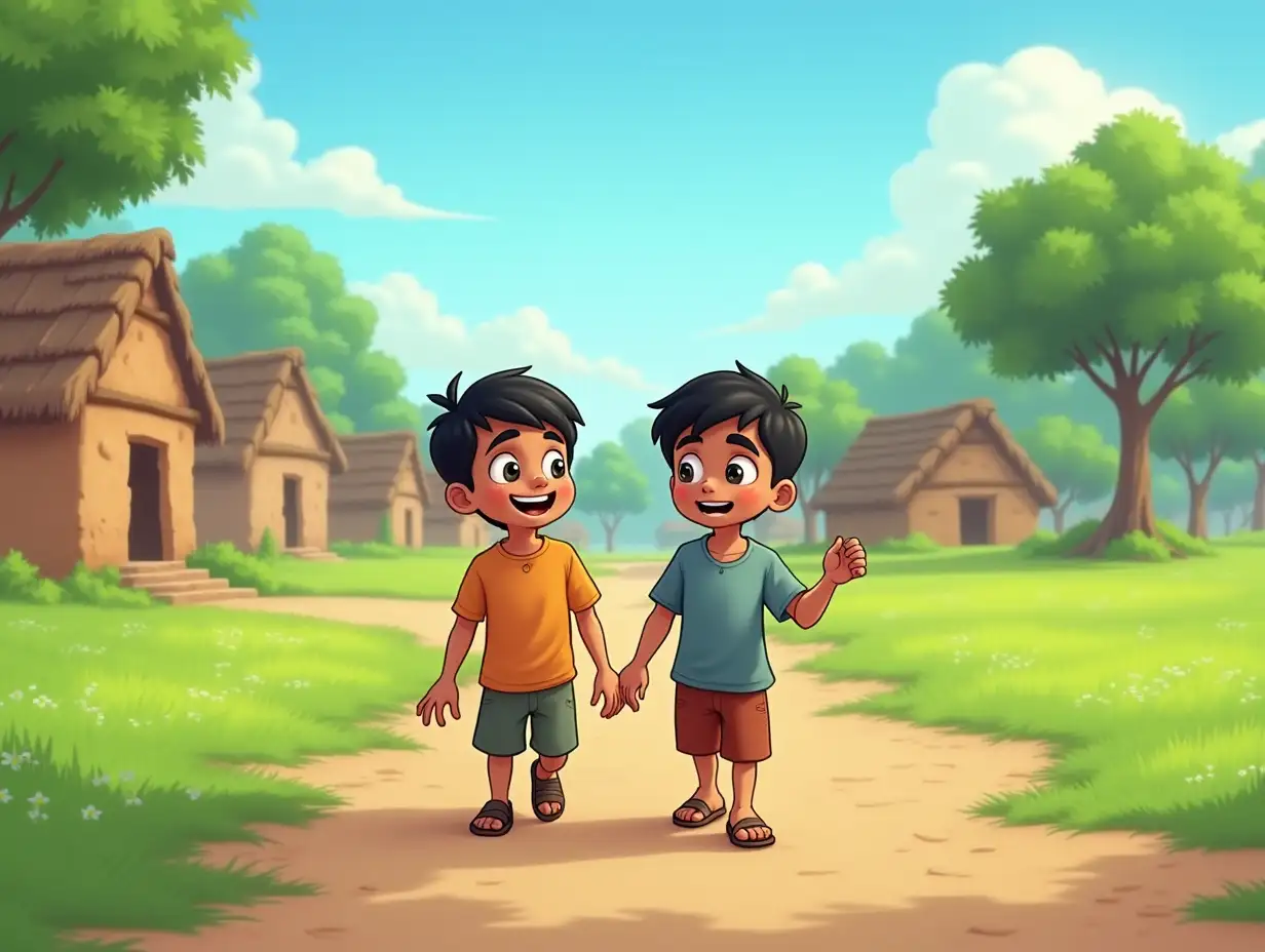 Two young boys, Chandan and Mohan, walking through a peaceful village with mud houses, lush green fields, and a clear blue sky. They look curious and excited as they discuss something. The village is surrounded by trees and has a calm, rustic charm.