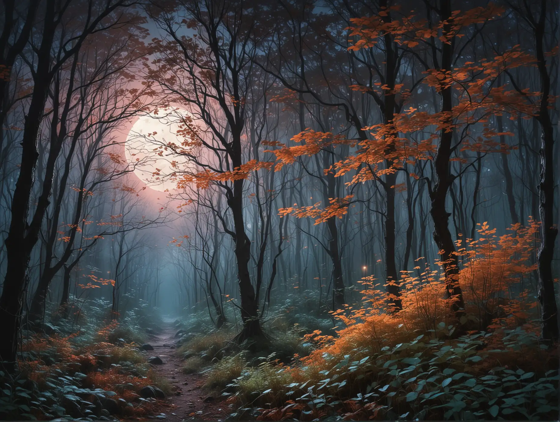 A moonlit forest with trees softly glowing under the ethereal light of the full moon, vibrant light casting subtle gradients across the landscape, translucent glow highlighting the edges of leaves and branches, creating an enchanting and otherworldly atmosphere