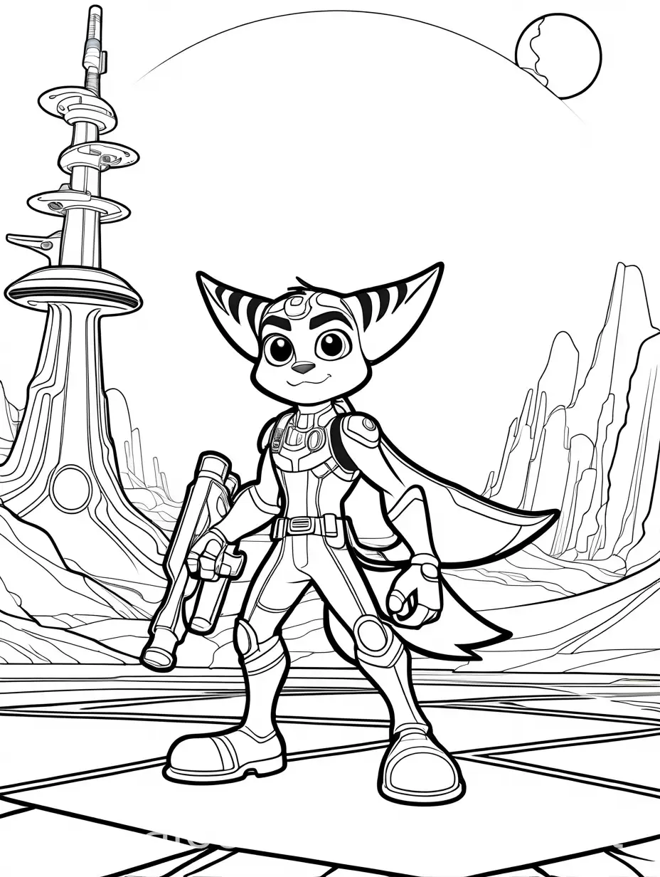 Ratchet-Clank-Adventure-Coloring-Page-Black-and-White-Line-Art