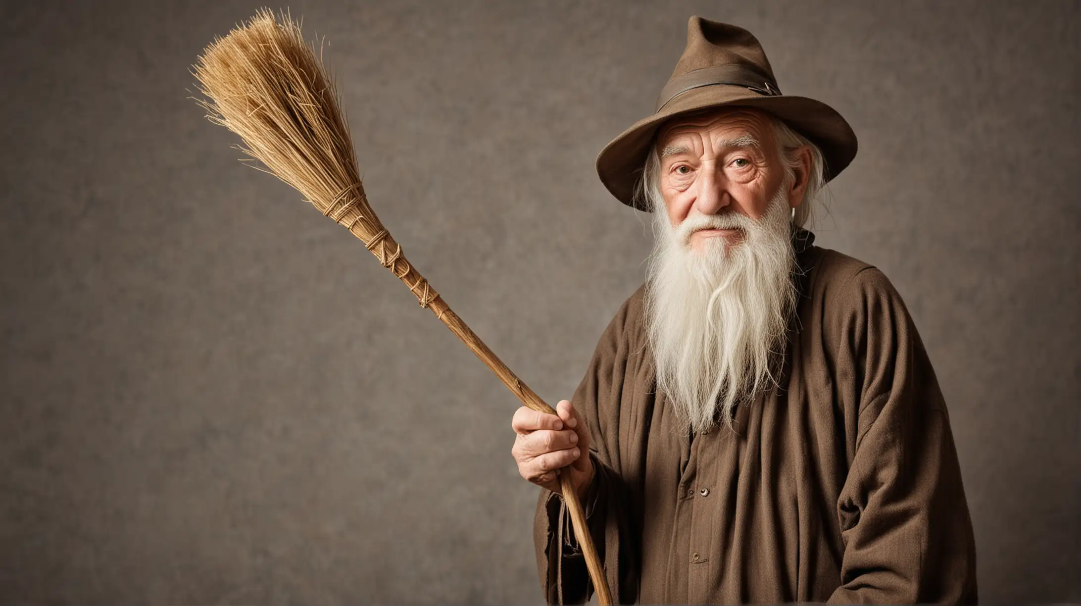 Wise Old Man Sweeping the Floor with a Broom