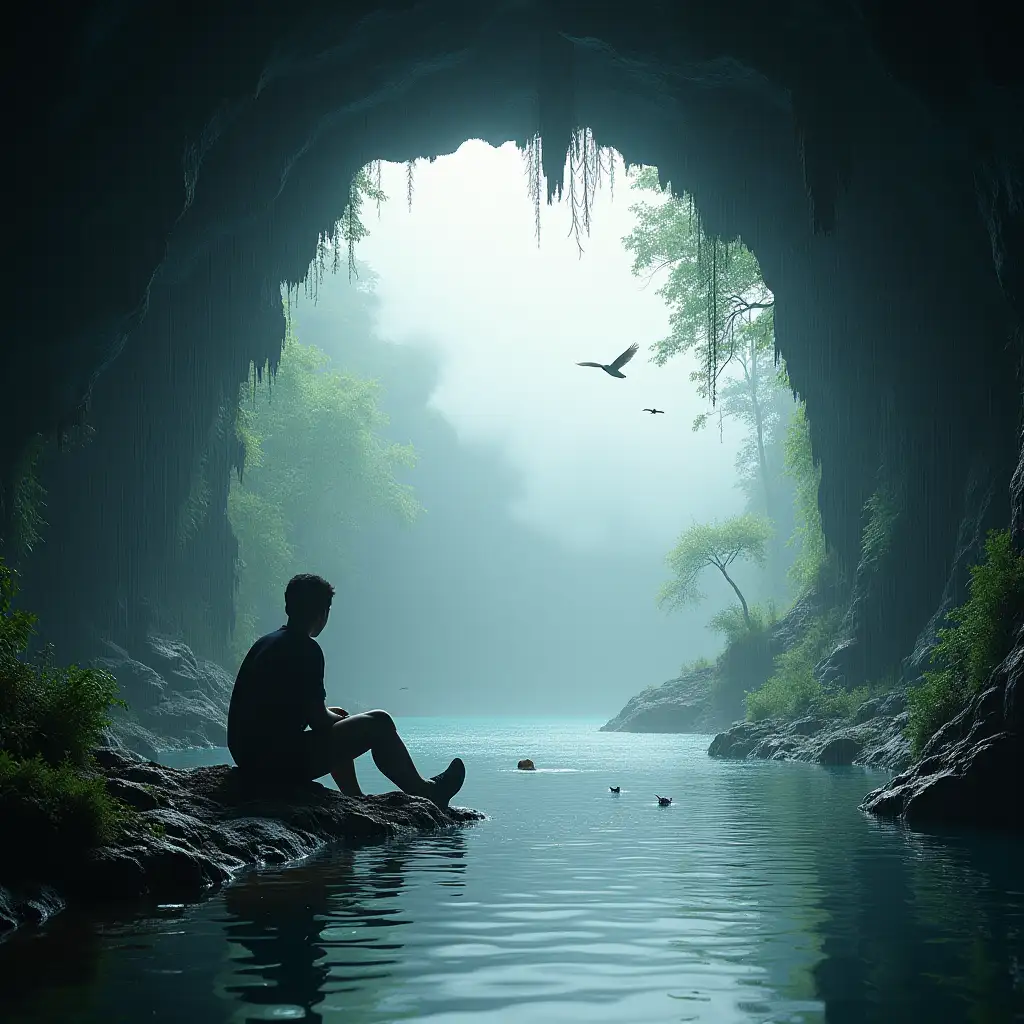 Person-in-Waterfall-Cave-Contemplating-the-Universe-with-Squirrel-and-Cranes