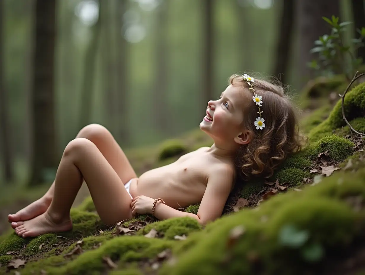 Happy-Girl-and-Boy-Lying-on-Mossy-Hummock-in-Forest