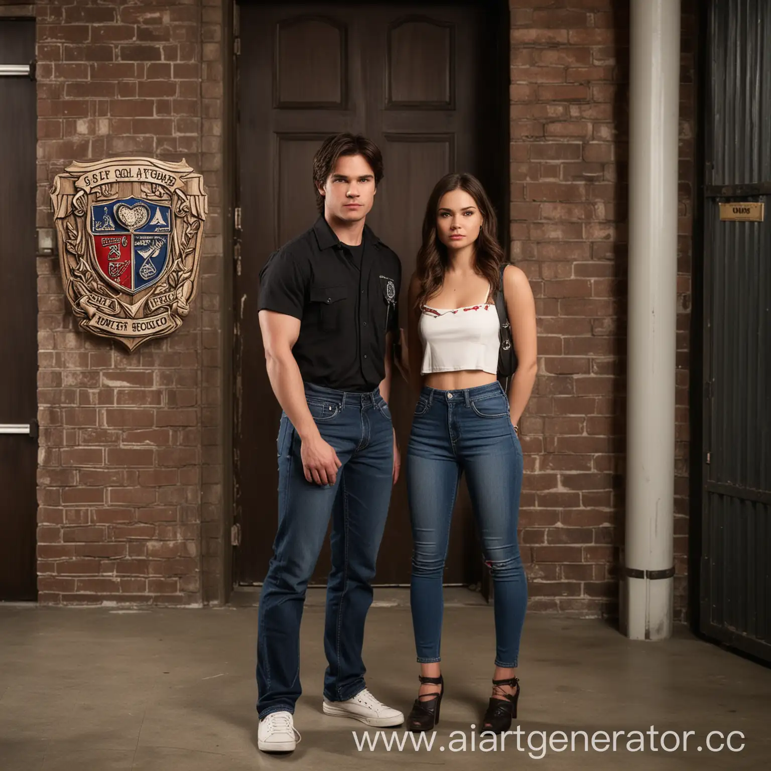 arafed image of a man and a woman standing in front of a building, damon salvatore, high school badge, tube-top dress, 🎀 🧟 🍓 🧚, jeans, dark bacgkground, damnation, in school hallway, epic image, tan, the handbag is over a wood table, ads, aviators