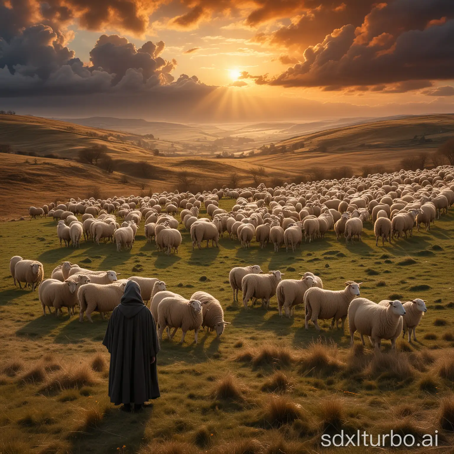 Solitary-Figure-in-Robe-Gazing-at-Sheep-in-Sunset-Landscape