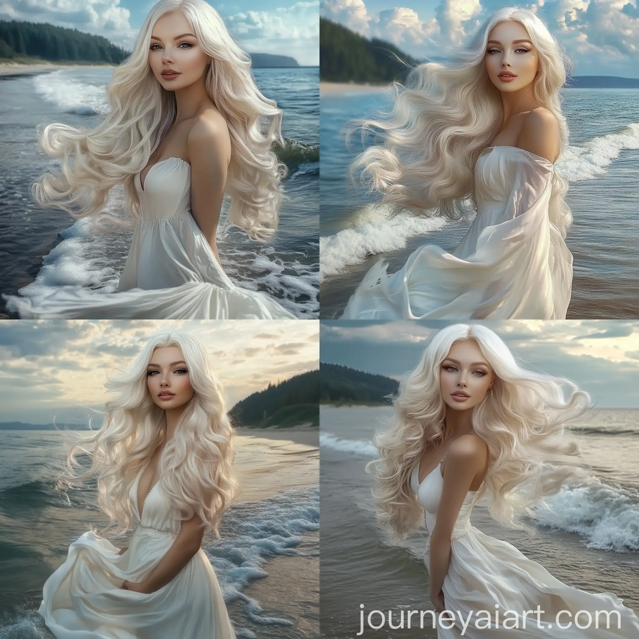 Platinum-Blonde-Girl-in-White-Dress-on-Windy-Beach