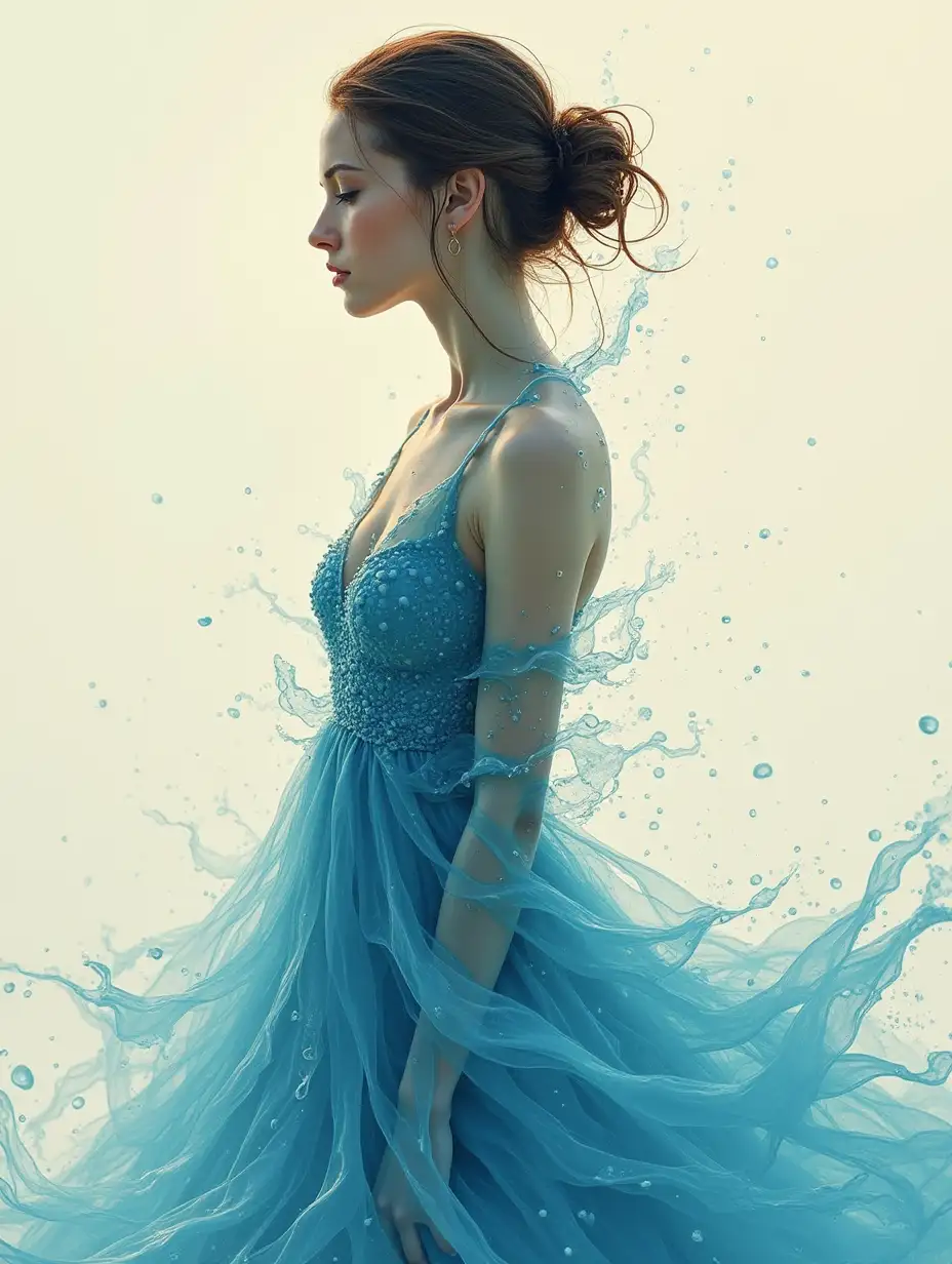 Abstract artwork showing a beautiful woman covered in water in the form of a dress.