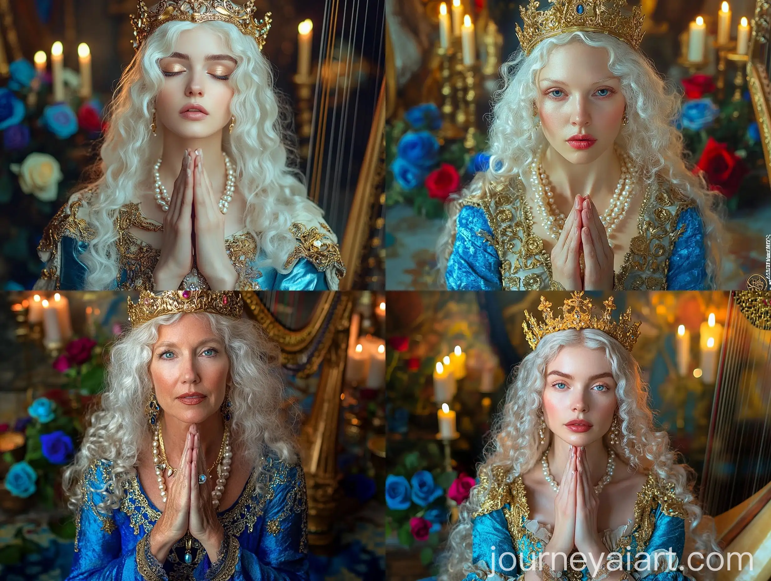 Medieval-Woman-with-Golden-Crown-and-Harp-amidst-Roses-and-Crystals
