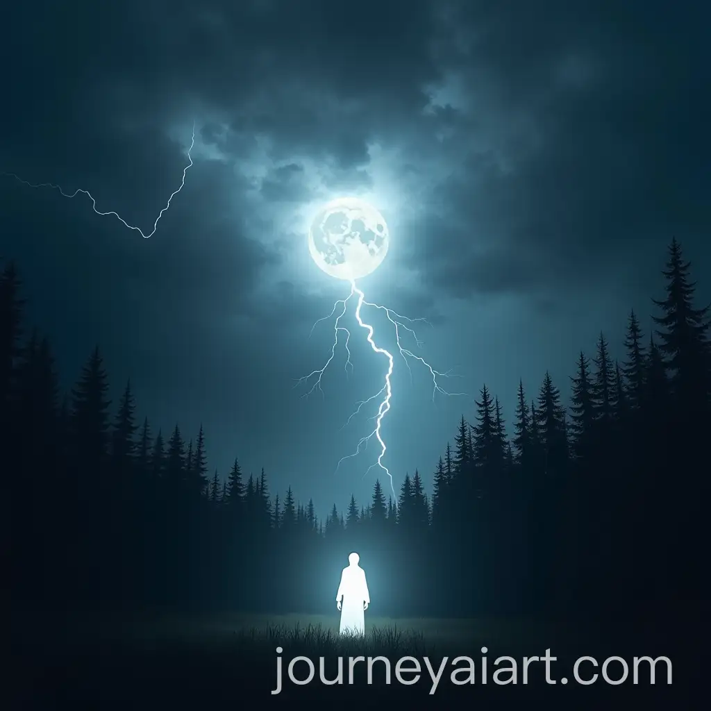 Dark-Thunderstorm-Over-Forest-with-Humanoid-Figure-Against-Full-Moon