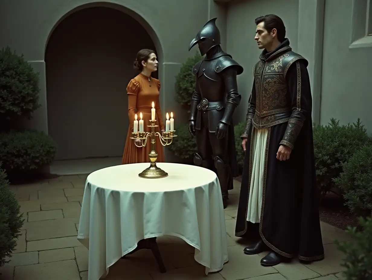 Medieval-Figures-in-a-Courtyard-with-Golden-Candlestick-and-Dark-Lighting