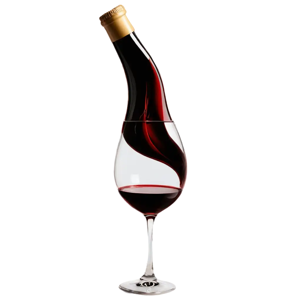 a drawing under the logo of a bottle of red wine, which floats in the air pours wine into a glass of red wine also