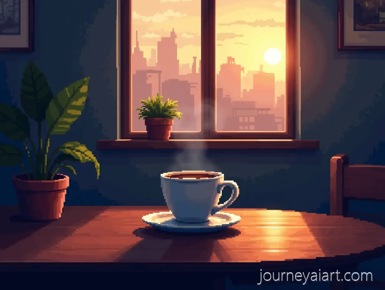 Morning-coffee-pixel-artCinematic-Morning-Coffee-Scene-in-Pixel-Art-with-Cityscape-Background