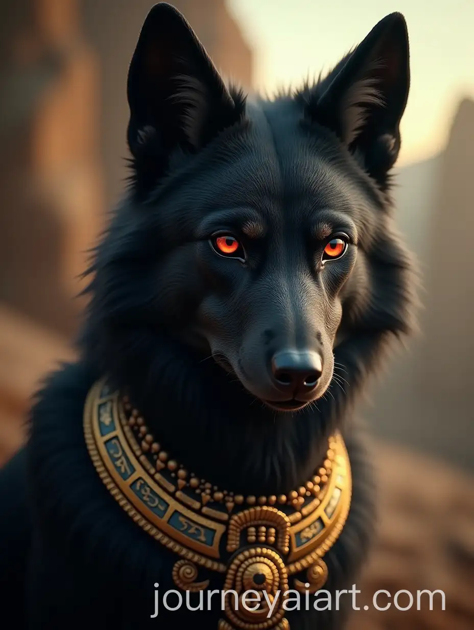 WolfLike-Mythical-Creature-with-Egyptian-Jewelry-and-Red-Eyes-in-Mystical-Landscape
