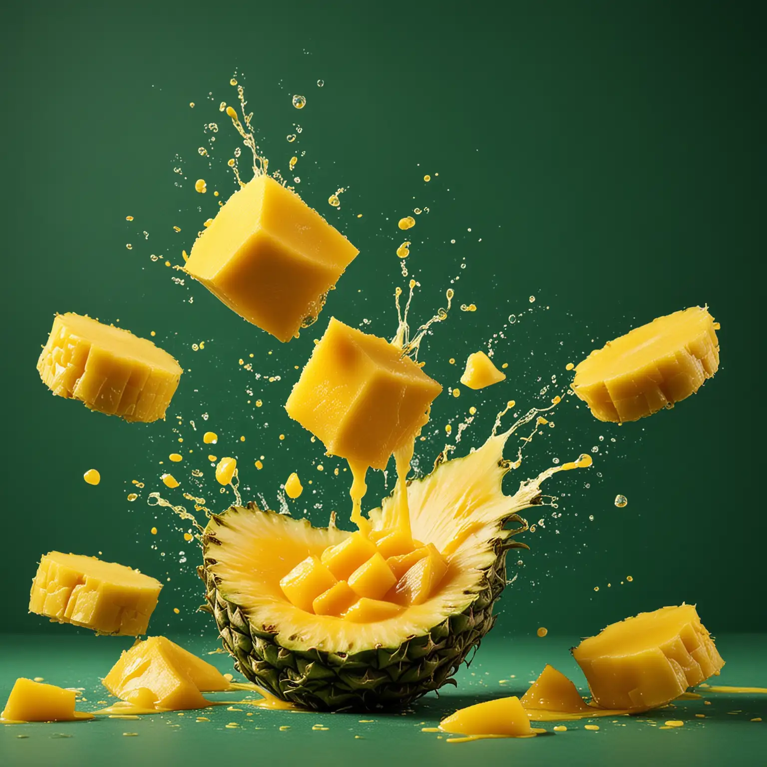 mango chunks, pineapple slices, mango puree, flying, splashes, green single-color background