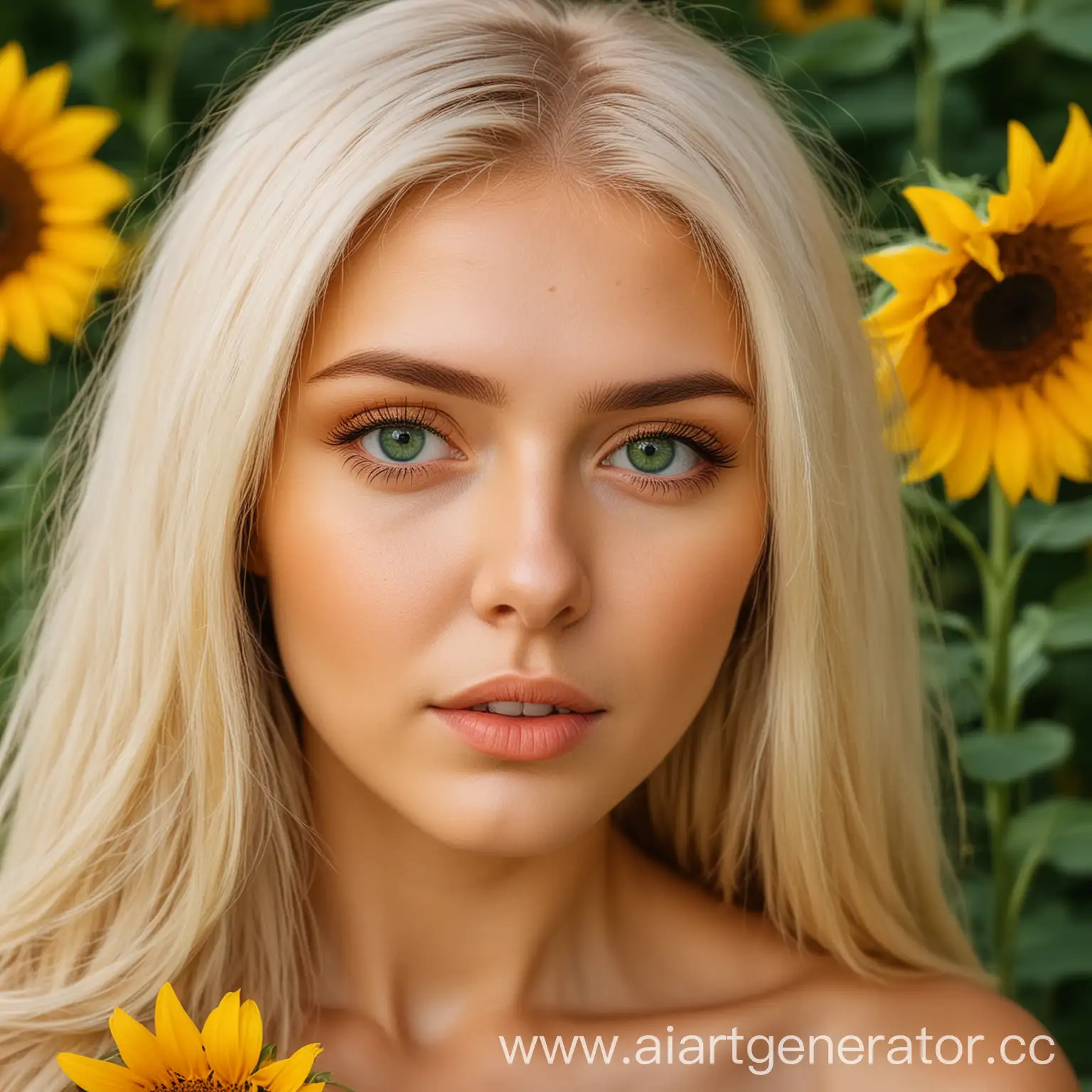 Blonde-Woman-with-Green-Eyes-in-Sunflower-Field