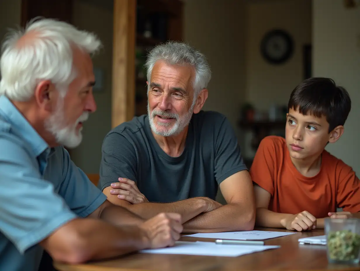 make a grandfather of about 65 years, a father of about 35 years and a 16-year-old son sitting at a table talking about family business. 3 people grandfather, father and son make more Brazilian