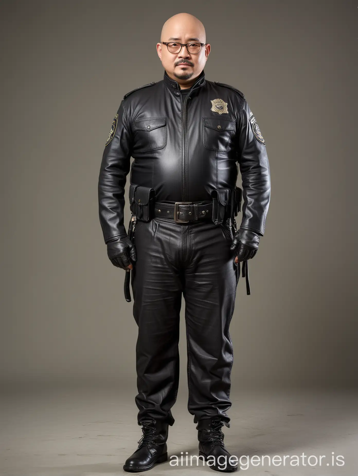 Kind-Asian-Father-in-Leather-Police-Uniform-with-Glasses-and-Boots