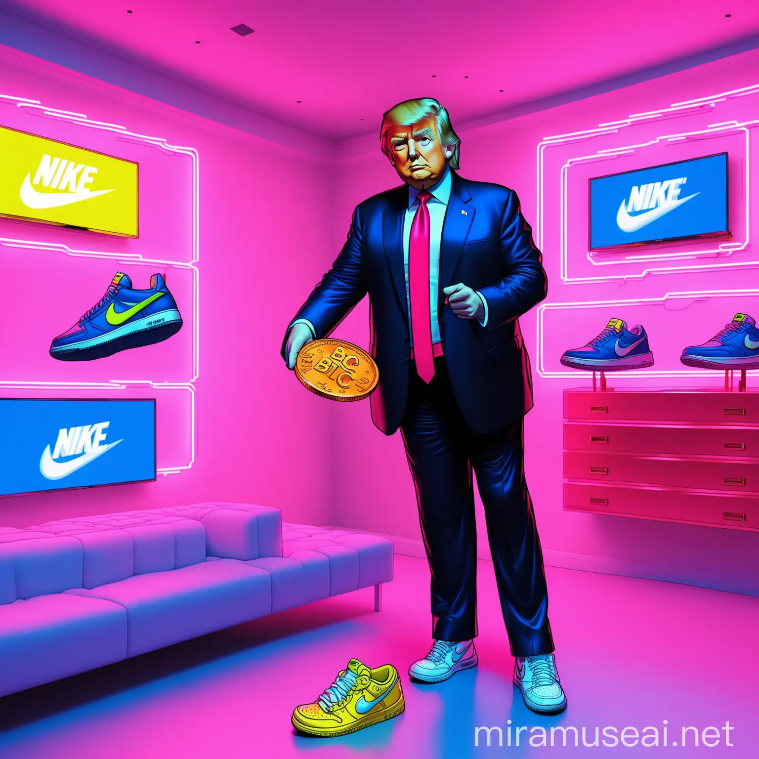 Donald Trump Holding Bitcoin in Neon Colorful Modern Room