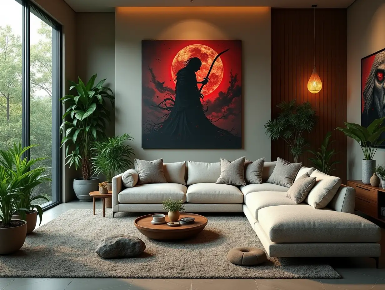 Large modern living room lighting with furniture very many plants with Demon Slayer image on the wall Zen-Garden with carefully tended rocks, a meditative 180 Degrees shot 8K resolution Colorful