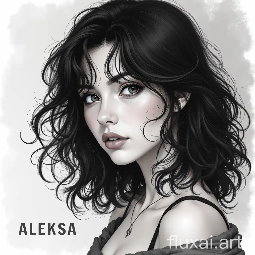 draw a women black hair and grey eyes and background write text ALEKSA