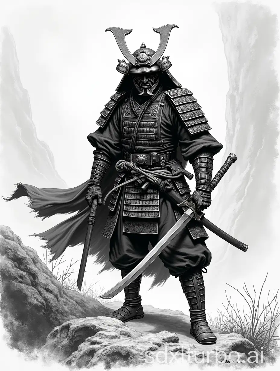 line art of a samurai warrior facing us, Dark Atmosphere, 1bit bw, style of 1977 AD&D