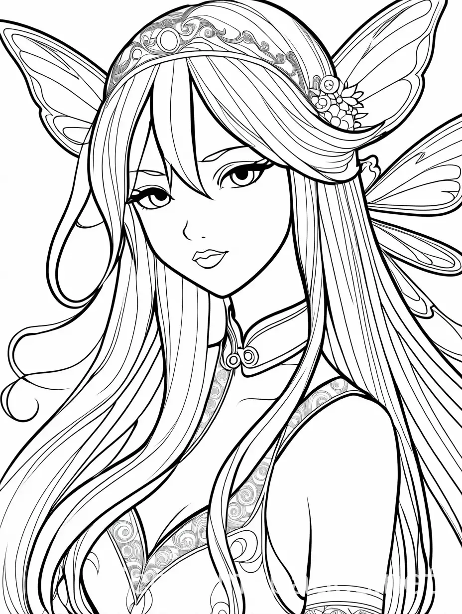 Anime-Fairy-Coloring-Page-with-Delicate-Line-Art-and-Ample-White-Space