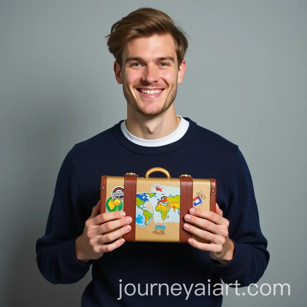 Young-Man-Holding-Vintage-Suitcase-on-Gray-Background