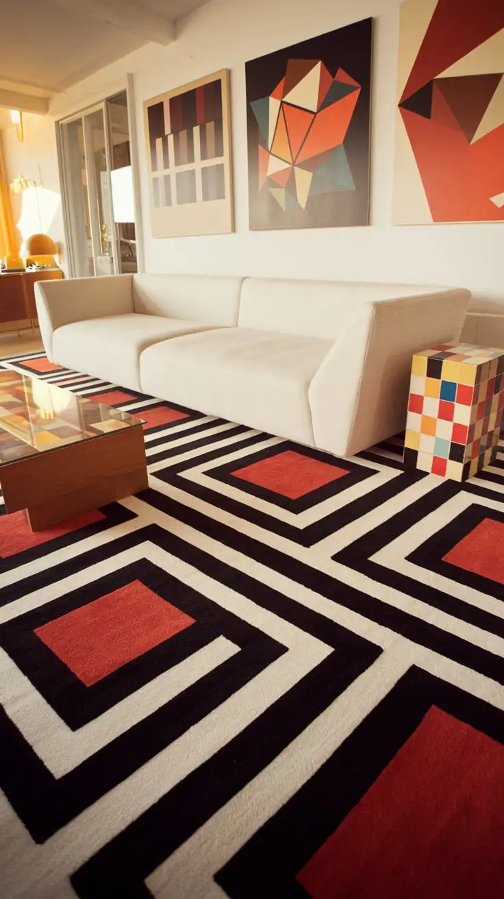 1980s-Playful-Living-Room-with-Geometric-Rug-and-Memphis-Style-Decor