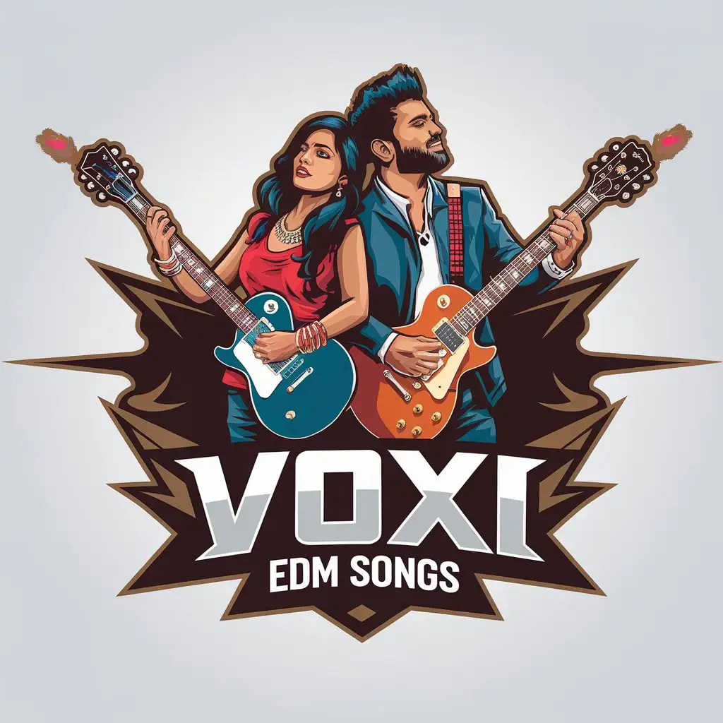 LOGO Design for Voxi EDM Songs Indian Couple Rock Singer with Guitar Music Theme for Entertainment Industry